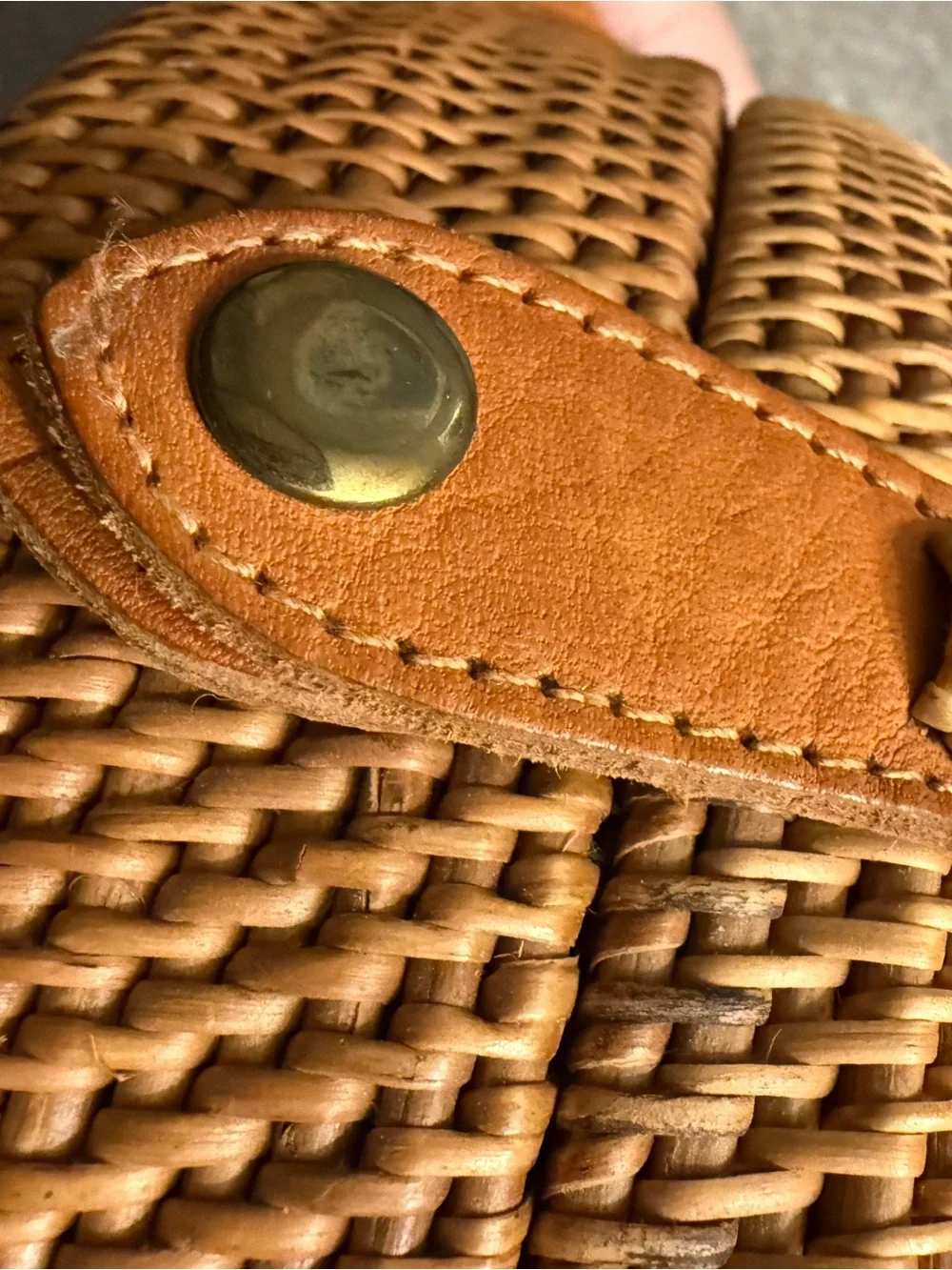 Like New - Handwoven Round Rattan Bag Leather Strap